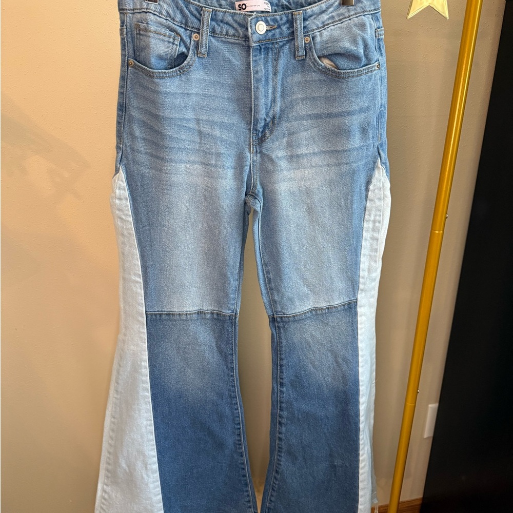 Y2K Two Tone Flare Jeans Colorblock Wide Leg Denim 7/28 - Picture 7 of 10